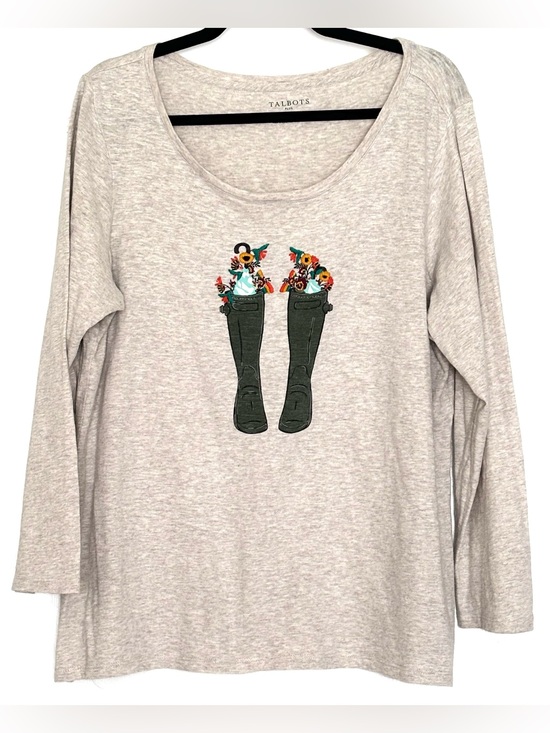Talbots Tops - Talbots Embroidered Rain Boots Cotton Top Oatmeal Heather Size X 100% Cotton